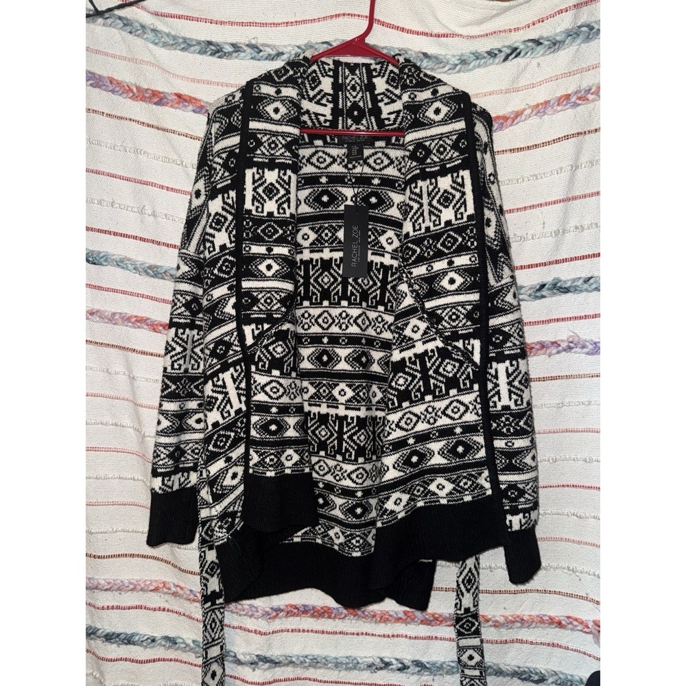 Rachel Zoe Women's Black/White Aztec Print Belted Soft Sweater Cardigan‎ Size M